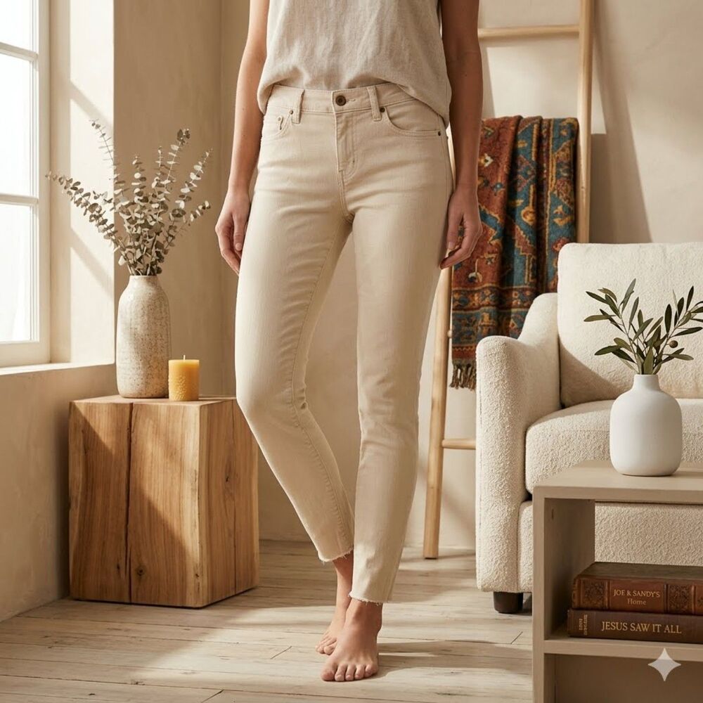 Taylor Stitch Jeans Womens 29 Cream Skinny Ankle Raw Hem Stretch USA Made